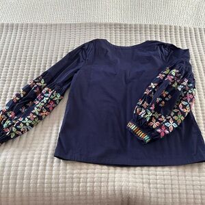 Anthropologie Navy Top with Multicolor Floral Embroidered Balloon Sleeves